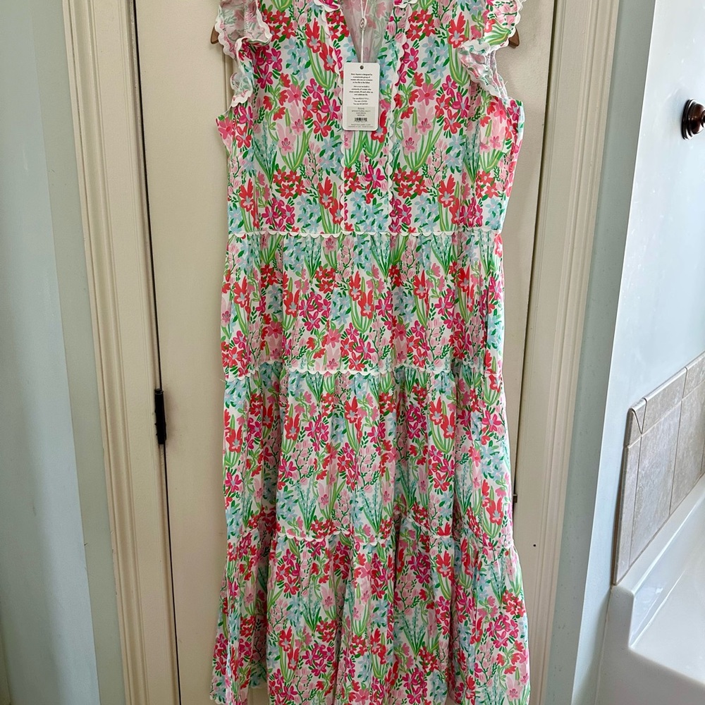 Mary Square Floral Ruffle Tiered Dress - Pink & Green